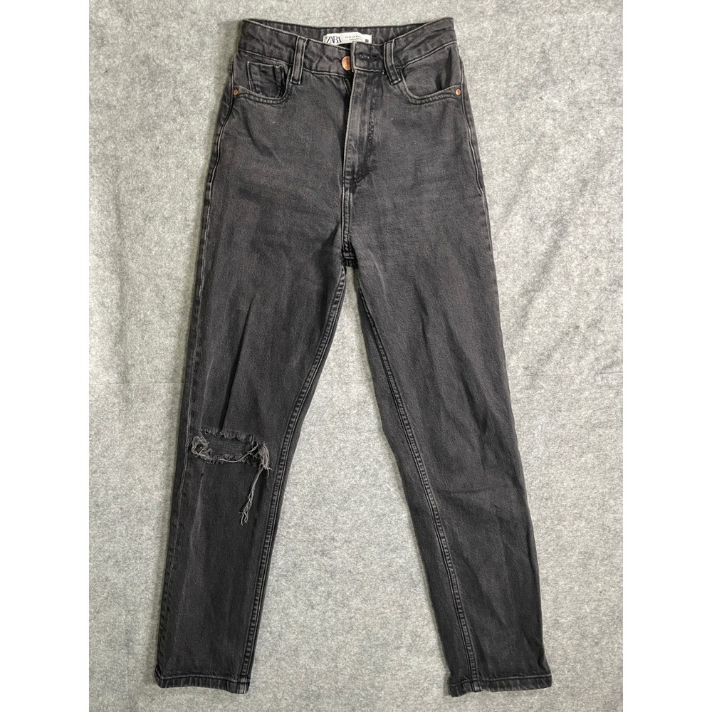 Zara High Waisted Mom Jeans Faded Black Distressed Knee Size 0 EUR 32